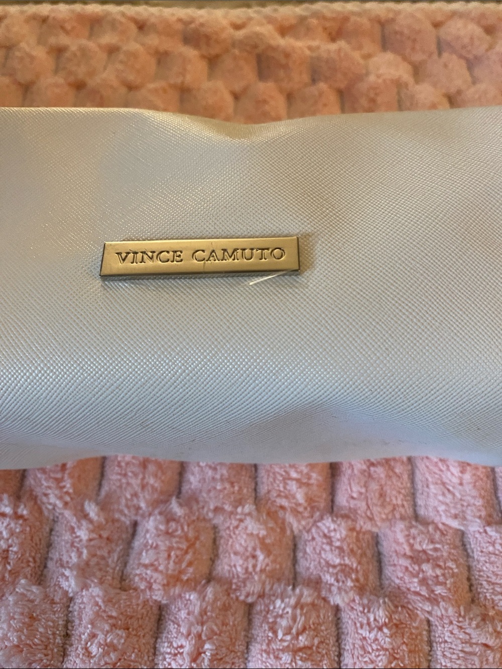 Vince Camuto White Saffiano Cosmetic Case with Gold Plaque